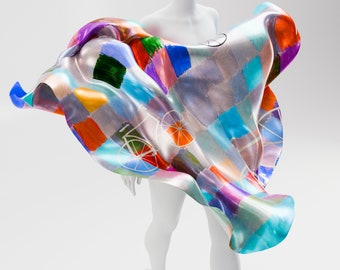 Contemporary Silk Square Scarf. 100% Silk, Multi Colored Silk Scarf, Bicycle Lovers Scarf. Hand painted Silk Scarf Shawl Square. Made2Order