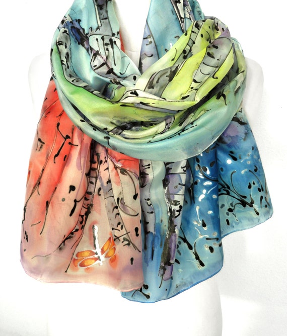 Trees Scarf. Silk Painting. Forest Silk Scarf Shawl Rainbow Etsy