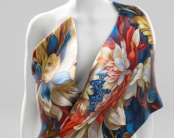 Bespoke Silk Scarf. Dahlias Original Artwork. Blue Red Gold Floral Scarf. Luxury Silk Scarf. 100% Silk Personalized Gift for Her. Made2Order