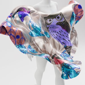 Owl Silk Scarf Square for Women Handmade, Handpainted 100% Silk Scarf Square, Owl Lovers Gift, Multicoloured Silk Shawl, Made to Order