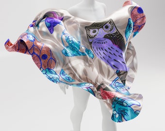 Owl Silk Square Scarf for Women Handmade, Hand painted Silk Scarf Square, Owl Lovers Gift, Multi coloured Silk Shawl, Made to Order