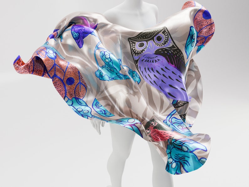 Owl Silk Scarf Square for Women Handmade, Handpainted 100% Silk Scarf Square, Owl Lovers Gift, Multicoloured Silk Shawl, Made to Order