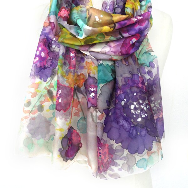 Multicolour silk Scarf. Hand Painted Silk Shawl. Echarpe Foulard. Purple Shawl. Floral Gift for Her. 18x71 in. (45x180 cm). Ready2Ship.