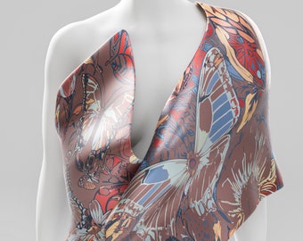Artisan Silk Scarf. Chocolate Brown Silk Scarf Flowers & Butterflies. Unique Hand Painted Design, 100% Silk. Personalized Gift. Made2Order