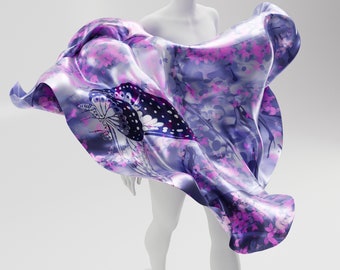 Butterfly Purple Silk Square Scarf, Hand painted Silk Scarf Square, Pink Lavender Silk Scarf Personalized Gift for Her unique. Made2Order.