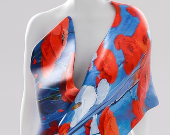 Poppies Luxury Silk Scarf. Handcrafted Unique Silk Scarf for Women. Blue Red Floral silk Scarf. 100% Silk. Personalized Gift. Made2Order