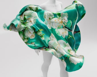 Luxury Emerald Silk Square Scarf. Blossom Almond Tree Silk Scarf. 100% Silk. Green Silk Scarf Square. Personalized Gift for Her. Made2Order.