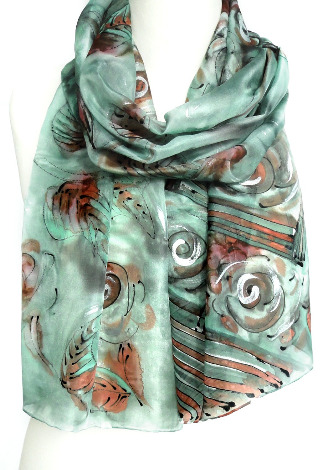 Mint Scarf. Hand Painted Silk Scarf. Spring Green Shawl. Roses Etsy