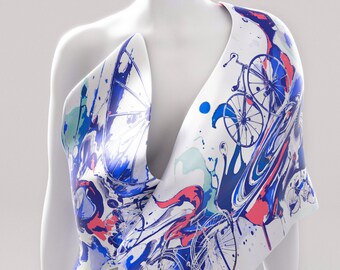 Bespoke Silk Scarf. Unique Modern Design Gift for Bicycle Lovers. 100% Silk. MultiColored Blue Silk Scarf. Original Artwork. Made2Order.