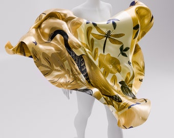 Yellow Gold Silk Square Scarf, 100% Silk, Heron Birds & Dragonflies Silk Scarf Square, Hand painted Silk Gift for her, Made to Order