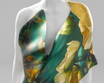 Luxury Silk Scarf. Original Artwork. Emerald Green Yellow Floral Silk Scarf Shawl, 100% Silk, Personalized Gift for her Unique. Made2Order