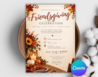 Invitación para cenas de Acción de Gracias con amigos, invitación editable en Canva para celebraciones de otoño.