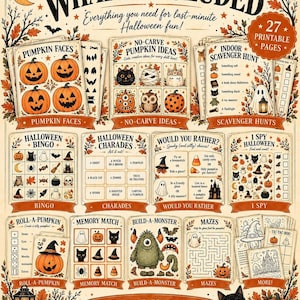 A comprehensive overview graphic displaying what is included across the 27 printable pages, featuring thumbnails for pumpkin faces, scavenger hunts, bingo, charades, and mazes.