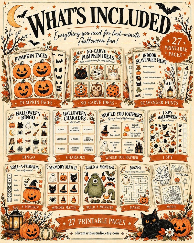 A comprehensive overview graphic displaying what is included across the 27 printable pages, featuring thumbnails for pumpkin faces, scavenger hunts, bingo, charades, and mazes.