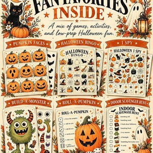 A promotional graphic showcasing fan favorites inside the kit, including pumpkin faces, bingo, I spy, build-a-monster, roll-a-pumpkin, and an indoor scavenger hunt.
