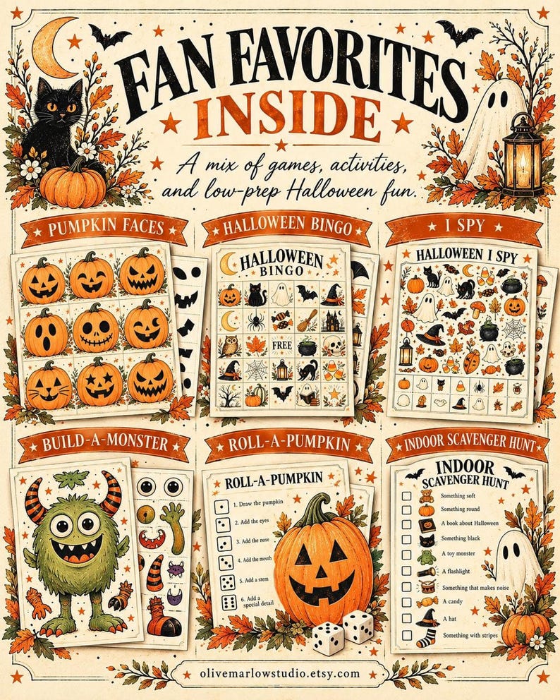 A promotional graphic showcasing fan favorites inside the kit, including pumpkin faces, bingo, I spy, build-a-monster, roll-a-pumpkin, and an indoor scavenger hunt.
