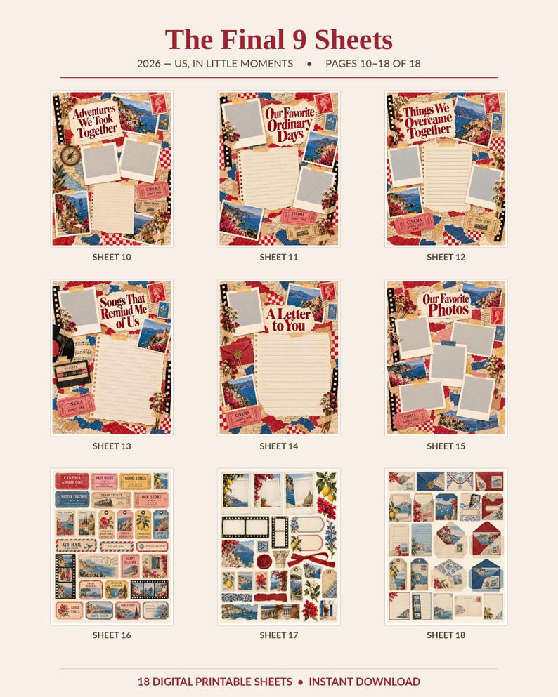 Scrapbook Printables for Couples, 2026 Vintage Memory Book, 18-page PDF ...