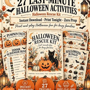 Puede incluir: Un kit digital de actividades de Halloween con 27 p&aacute;ginas imprimibles que incluyen juegos como bingo, b&uacute;squedas del tesoro y plantillas de caras de calabaza. El dise&ntilde;o presenta ilustraciones de calabazas, un fantasma, un gato negro y hojas.