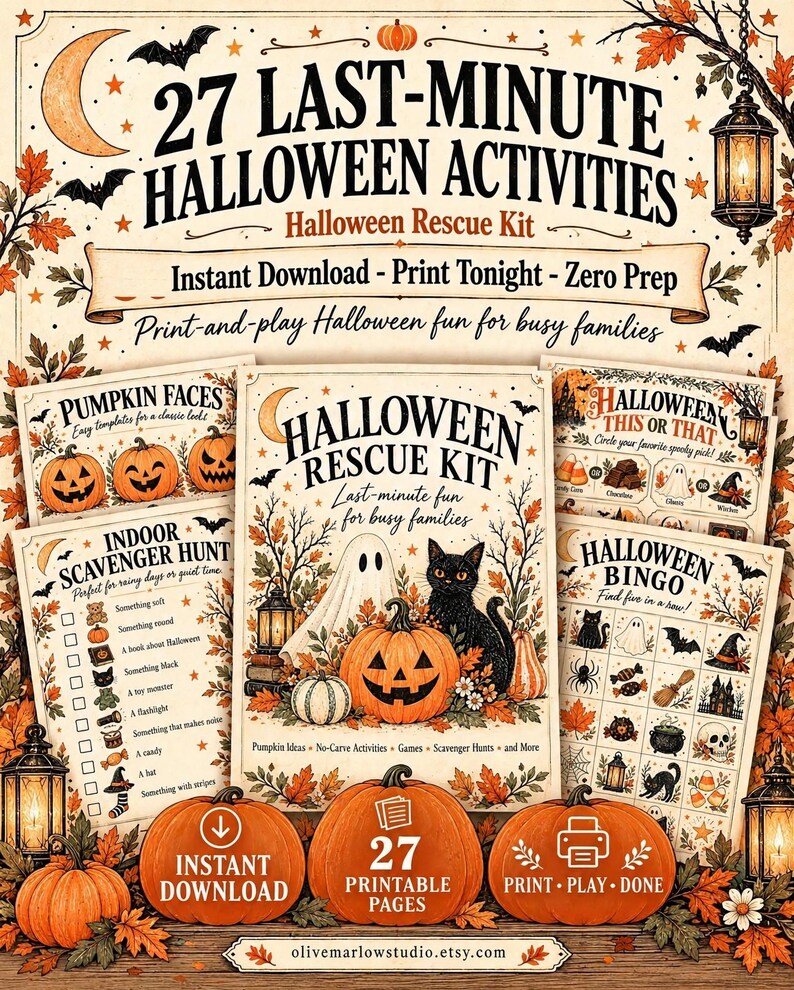 Puede incluir: Un kit digital de actividades de Halloween con 27 p&aacute;ginas imprimibles que incluyen juegos como bingo, b&uacute;squedas del tesoro y plantillas de caras de calabaza. El dise&ntilde;o presenta ilustraciones de calabazas, un fantasma, un gato negro y hojas.
