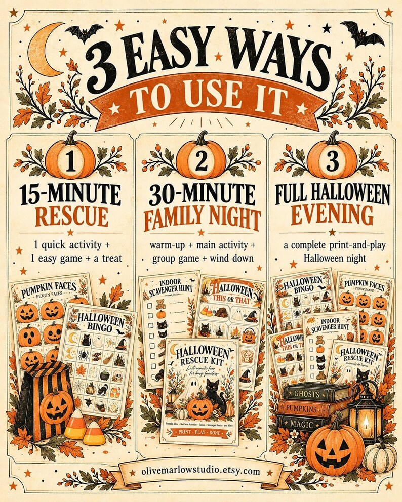 A promotional graphic illustrating three easy ways to use the kit for a 15-minute rescue, 30-minute family night, or a full Halloween evening with corresponding game sheets.