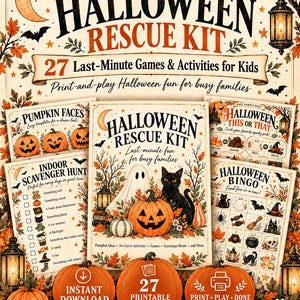 Puede incluir: Un kit de rescate de Halloween con 27 p&aacute;ginas imprimibles de juegos y actividades para ni&ntilde;os. La colecci&oacute;n incluye hojas para caras de calabaza, b&uacute;squedas del tesoro, bingo y juegos de elecci&oacute;n, decoradas con calabazas, fantasmas y gatos.