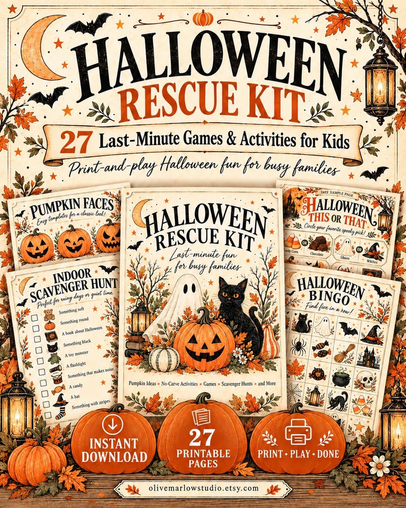 Puede incluir: Un kit de rescate de Halloween con 27 p&aacute;ginas imprimibles de juegos y actividades para ni&ntilde;os. La colecci&oacute;n incluye hojas para caras de calabaza, b&uacute;squedas del tesoro, bingo y juegos de elecci&oacute;n, decoradas con calabazas, fantasmas y gatos.