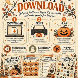 An instant download instructions graphic detailing the three-step process to download, print, and play alongside sample Halloween rescue kit printables.