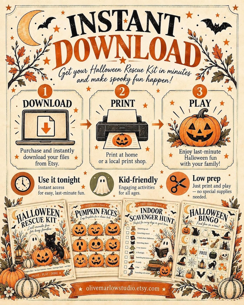 An instant download instructions graphic detailing the three-step process to download, print, and play alongside sample Halloween rescue kit printables.
