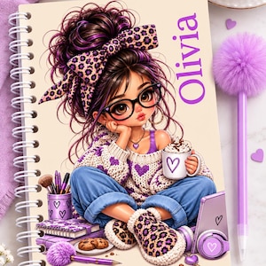 May include: A spiral-bound notebook featuring a cartoon illustration of a person with messy dark hair, a leopard print bow, and glasses, wearing a heart-patterned sweater and blue jeans. The name Olivia is printed in purple on the cover.