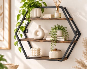 Hexagon Wall Shelf, Decorative Floating Shelf, Geometric Wood & Metal Decor