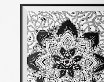 Tri-Eye Black Mandala - Original Illustration Artwork Print