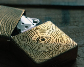 Engraved Solid Brass Lighter - Hand Drawn Mandala Eye Illustration - Refillable Polished Gold Lighter