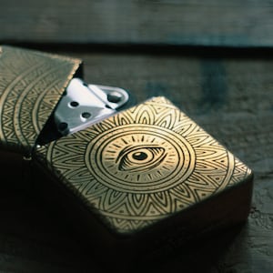 Engraved Solid Brass Lighter - Hand Drawn Mandala Eye Illustration - Refillable Polished Gold Lighter