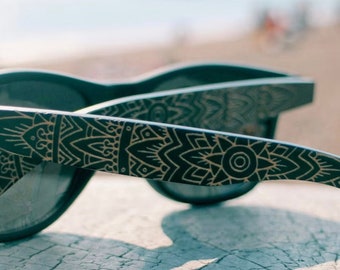 Black Mandala Engraved Bamboo Sunglasses