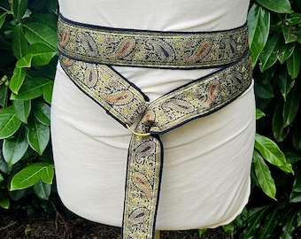 105" Ring Belt in Black, Gold, and Orange Paisley