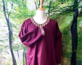 2XL Viking Under Tunic in Burgundy Cotton with Burgundy and Tan Trim