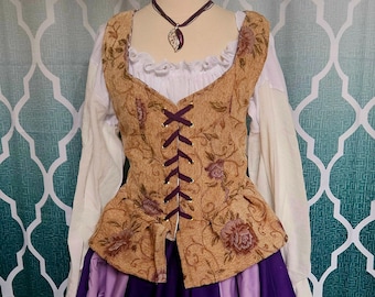 3XL Maiden Bodice with Peplum in Tan with Purple Roses