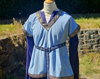 25% OFF! XL Viking Over Tunic in Sky Blue Linen with Black Rose Trim