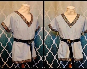 5% OFF! XL Viking Over Tunic in Sky Blue Linen with Black Rose Trim