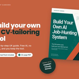 May include: A digital guide titled Build Your Own AI Job-Hunting System with a dark green cover, orange accents, and white text. The guide includes a prompt pack and a 32-page PDF, and it works with ChatGPT, Claude, and Gemini AI tools.