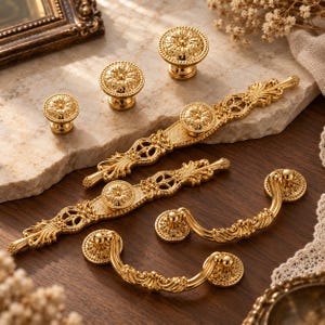 May include: A collection of gold-toned metal hardware including three round knobs with intricate floral patterns, two long decorative drawer pulls with ornate filigree detailing, and two curved drop-style cabinet handles with matching embossed textures.