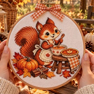 Fall Cross Stitch Pattern, Autumn Squirrel Cross Stitch, Fall Cross Stitch Patterns PDF, Cute Squirrel Pumpkin Pattern, Thanksgiving