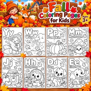 Puede incluir: Una colección de ocho páginas para colorear en blanco y negro para niños con temas otoñales y letras del alfabeto. Cada página muestra un personaje u objeto como un ñame, viento, calabaza, seta, mermelada, erizo, perro y un elefante.