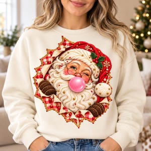 PNG Navidad Retro Papá Noel con Chicle, Efecto Bordado, Diseño Vintage