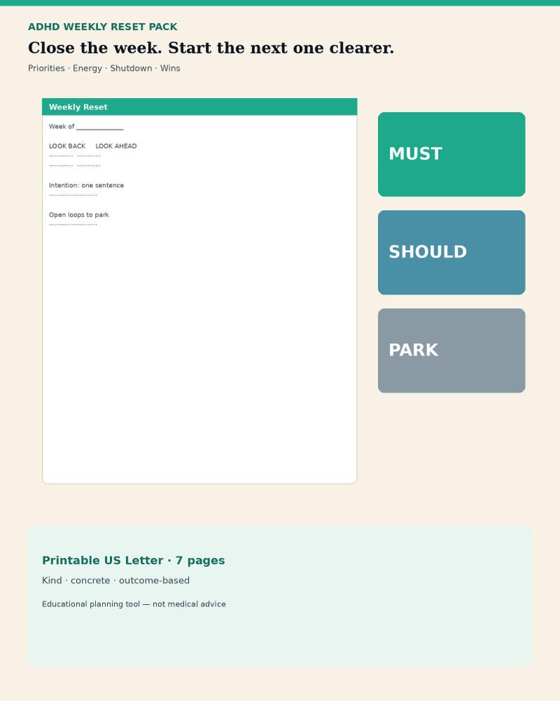 ADHD Weekly Reset Printable Planner | Priority Energy Shutdown ...