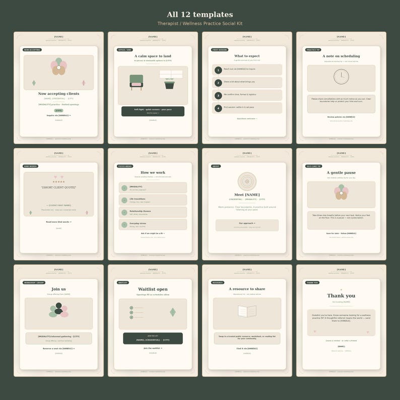 Therapist Instagram Templates | Wellness Practice Social Kit | 12 Canva ...