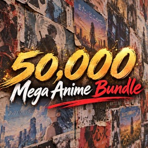 以下が含まれることがあります： 金と白の文字で「50,000 Mega Anime Bundle」と書かれたデジタルグラフィック。鮮やかな色彩とダークな色調が混ざり合った、様々なアニメスタイルのイラスト、キャラクター、シーンのコラージュの上に重ねられています。