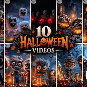 May include: A digital collage featuring ten distinct Halloween-themed illustrations, including cartoon skeletons, pumpkins, black cats, zombies, and mummies, with the central text 10 HALLOWEEN VIDEOS displayed in a bold, orange, and white font.