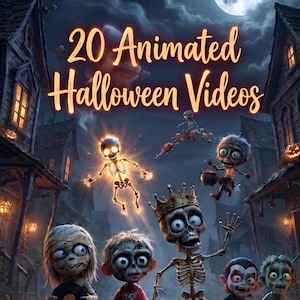 Op de afbeelding: Een digitale afbeelding met de tekst 20 Animated Halloween Videos in een gloeiend oranje lettertype. De scène toont een griezelig dorp bij nacht met een volle maan, een gloeiend skelet, een mummie, een zombie, een vampier en een gekroond skelet.