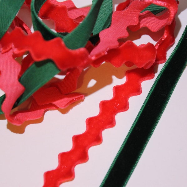 Ribbon ~ Velvet, Red and Green, 3 ft. of each, Perfect for the holidays!
